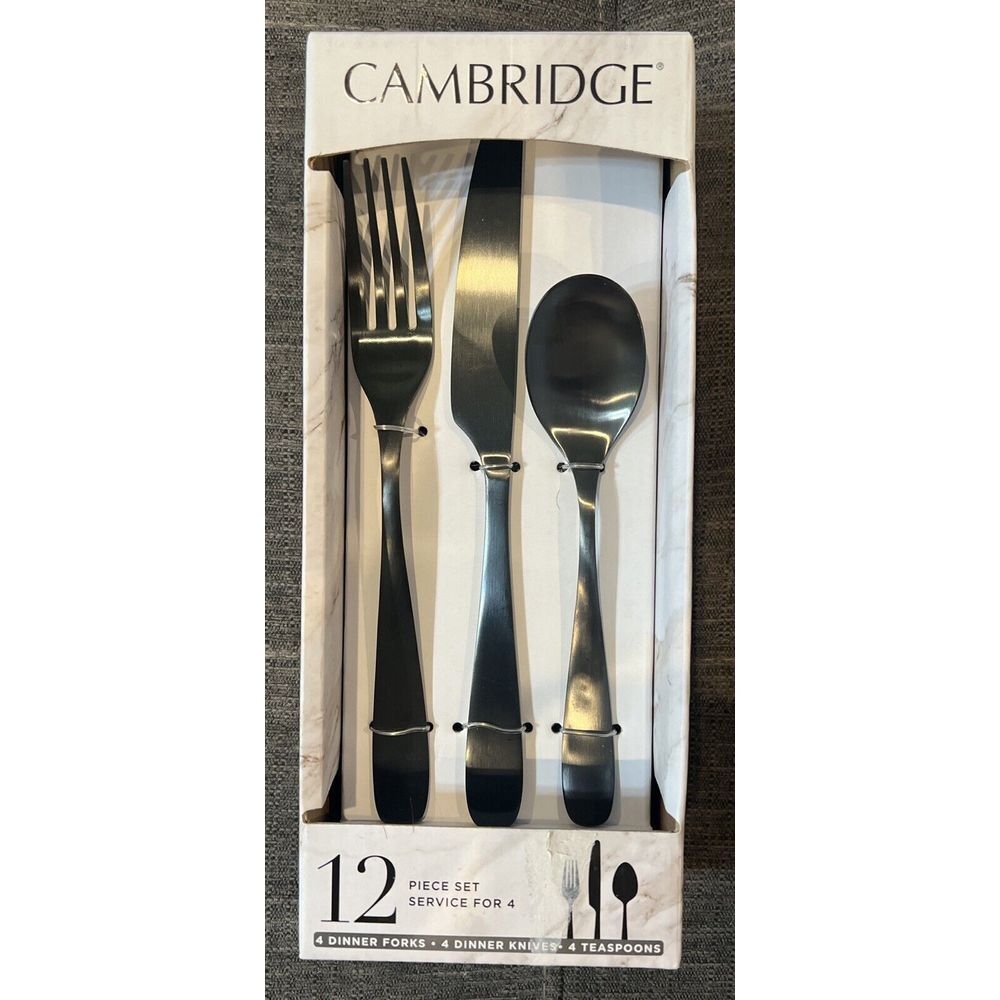Cambridge Eliana Black Satin‎ 12-Piece Flatware Set Brand New In Box
